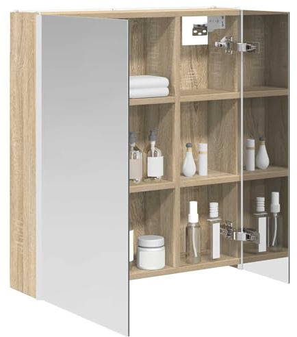 vidaXL Badezimmerspiegelschrank Sonoma-Eiche 63,5 x 15,5 x 70 cm, Stylischer Badezimmeroberfläche, Wandspiegel, Cooles Stauraum, Moderne Vanity, anpassbare Beleuchtung, Platz sparen