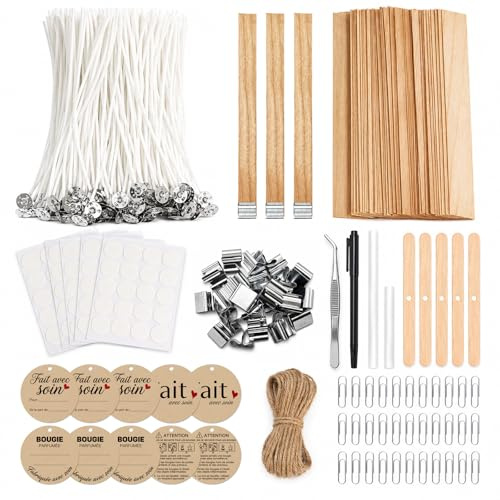 Meche Bougie, 100 Mèches en Coton & 30 Mèches en Bois avec Pastilles Adhésives, Centreurs, Socles Métal, Étiquettes, Ficelle, Pince, Stylo pour Bougies DIY en Pot, Soja et Cire d’Abeille (10 cm)