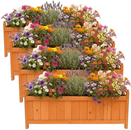 LOVETRENDS Long Wooden Garden Planter - Pack of 4-90cm Rectangular Trough, Generous 35cm Depth, Outdoor Flower, Herb and Vegetable Box for Patio, Balcony and Decking, Natural Timber