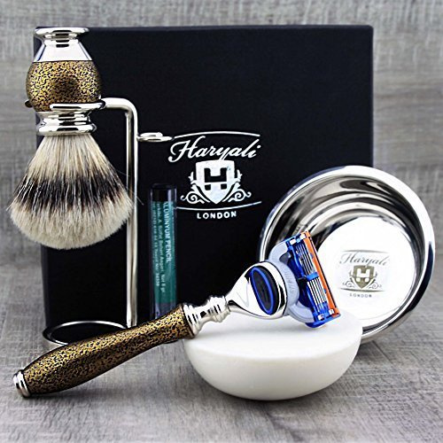 Silber Tipp Dachshaar Pinsel & 5-Kanten-Kartusche Rasiermesser mit Ständer, Schüssel & Soap Kit.