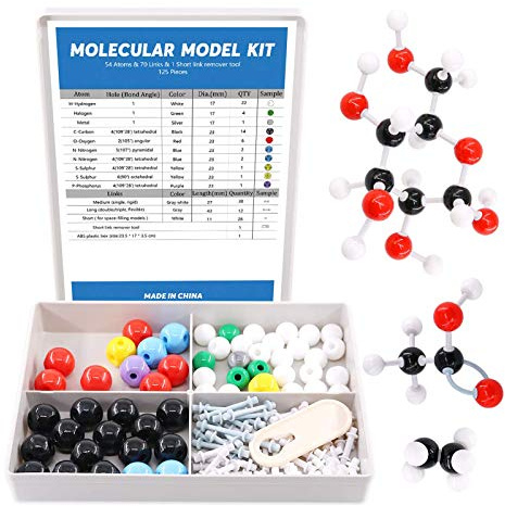 Swpeet 125 Pcs Molecular Model Kit for Inorganic & Organic Molecular Model Teacher Kit - 54 Atoms & 70 Links & 1 Short Link Remover Tool - Science Toys