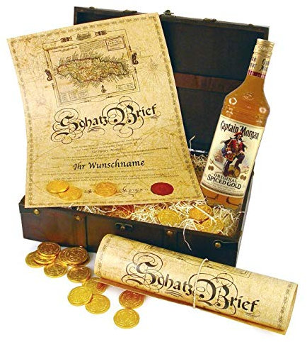Monsterzeug Captain Morgan Geschenkbox, 3 teiliges Geschenkset mit Alkohol, Geschenktruhe für Rum Liebhaber, Schatztruhe mit Urkunde