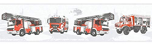 Feuerwehr Tapeten Bordüre | Kinderzimmer Bordüre für Jungen | Helikopter Vliestapete mit Feuerwehrautos als Tapetenborte in Grau und Rot