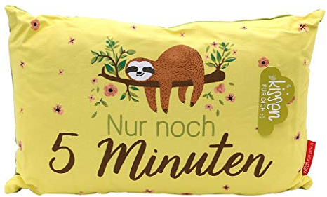 Dekohelden24 Faultier Kissen mit Bezug aus 100% Baumwolle, L/B/H: 40 x 13 x 23 cm. Motiv: Nur noch 5 Minuten.
