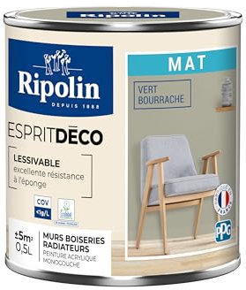 RIPOLIN - Peinture Intérieure Multi-Supports – Murs, Boiseries et Radiateurs – Ultra Couvrante – Lessivable – Application Facile – Ecolabel - Aspect Mat - 0.5L - Vert Bourrache