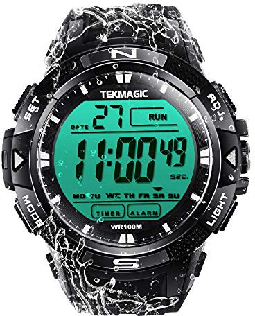 TEKMAGIC Hommes Garçons Montre Natation Plongée 10 ATM Etanche avec Fonctions de Chronomètre, Chronographe, Réveil et Affichage Double Fuseau Horaire, Format 12/24 Heures Sélectionnable