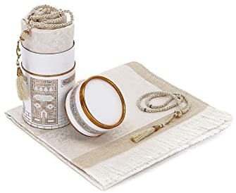 ihvan online Muslimischer Gebets-Teppich und Gebetsperlen mit elegantem-Design-Zylinder-Geschenkbox | Janamaz | Sajadah | Islamische Geschenke eingestellt | Gebets-Teppichmatte, TAFT-Stoff, weiß