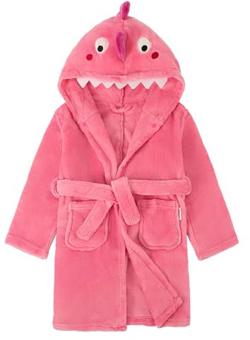 LOLANTA Accappatoio per bambini in pile con cappuccio, vestaglia morbida dinosauro, rosa rossa, M (3-5 anni)
