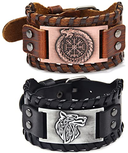 2 Stück Wikinger-Armbänder, braunes Kompass-Runen-Armband, schwarzes Wolfskopf-Armband, Handgemachtes geflochtenes Lederarmband, nordisches keltisches Knotenarmband, Vintage-Armband für Damen Herren