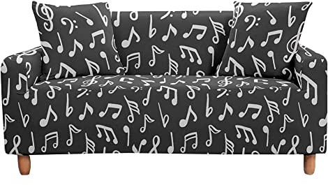 Highdi Musik Drucken Sofabezug Sofaüberwürfe für 1/2/3/4 Sitzer, Armlehnen Sofa Cover Elastisch Stretch Antirutsch Sofa Cover Sofahusse Couchbezug Möbelschutz (Anthrazit,2 Sitzer)