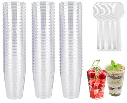 Dessertgläser Klein, Mini Dessertgläser, 50 Stück Dessertbecher Plastik, 90ML Dessertbecher mit Löffeln, Wiederverwendbare Dessertbecher, Plastik Dessertbecher für Eiscreme Mousse Pudding Kuchen
