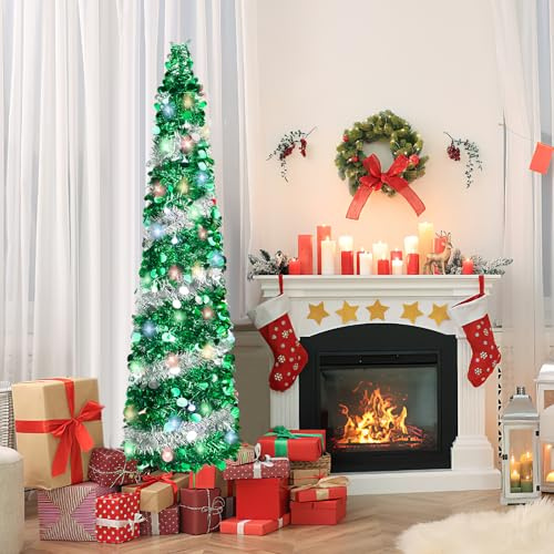 QBA 5FT Pop Up Christmas Tree with 90 Lights, Collapsible Tinsel Tree for Home Office Dorm Apartment Shop Party, Green Silver