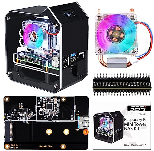 GeeekPi Raspberry Pi Mini Tower NAS Kit, Raspberry Pi Ice Tower Kühler mit PWM RGB Lüfter, M.2 SATA SSD Erweiterungsplatine, GPIO 1 bis 2 Erweiterungsplatine nur für Raspberry Pi 4 Modell B
