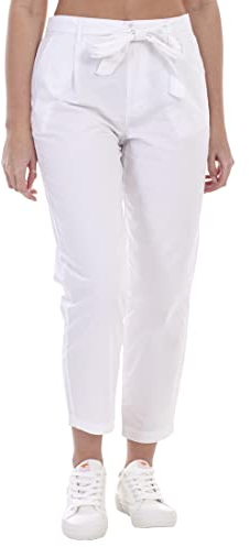 Ladies Elasticated Tie Belt Cropped Chino Trousers White