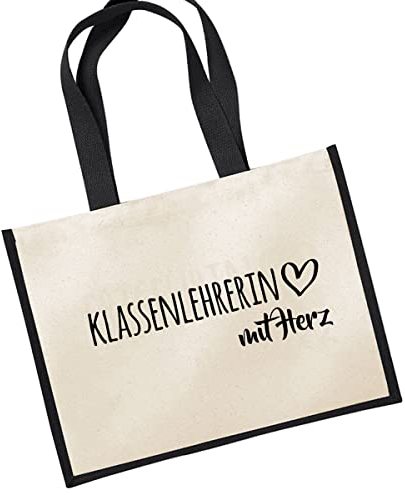 Huuraa Jutetasche Klassenlehrerin mit Herz Geschenk 21 Liter Black Jute und Baumwolle Klassenlehrerin Geschenkidee