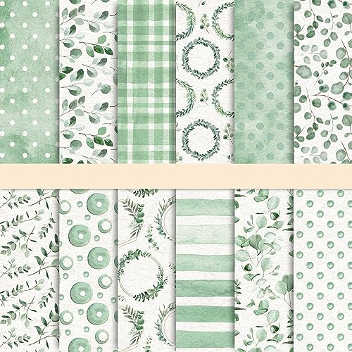 Whaline 24 Stück grünes Eukalyptus-Blätter-Muster, grünes doppelseitiges Scrapbook-Papier für Neugeborene, Geschlecht, offenbarung, Babyparty, Brautparty, Kartenherstellung, Dekoration, 30x30 cm