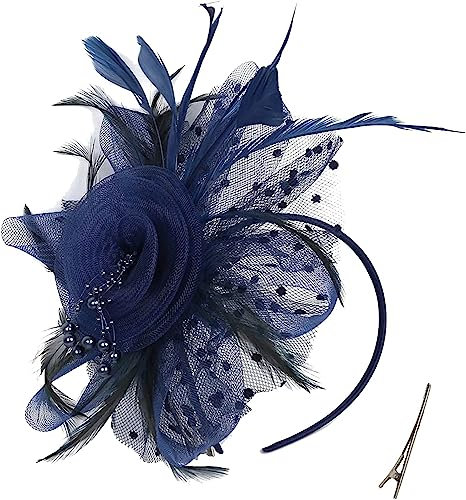LATRAT Mesh Kopfbedeckung, Vintage-Feder-Bowler-Hut mit Mesh-Blumenherz-Haarteil, für Frauen Mädchen, Marineblau