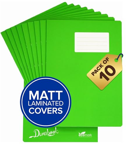 Durabook F&M Schulheft, A4+, 8 mm, Hellgrün, 10 Stück, 80 Seiten, strapazierfähiger, matt laminierter, wasserabweisender Einband, liniert und Rand, Notizbuch, A4-Papier, Heim- und Schulbedarf