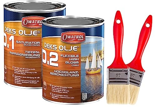 OWATROL® Deks Olje D1 + D2 Set [1 Liter] + 2er Set Pinsel - Holzsättiger + Klarlack - Bootslack für Holz - Hochglanz Klarlack - Holzsättiger für Tropenhölzer - Holzimprägnierung - Imprägnieröl