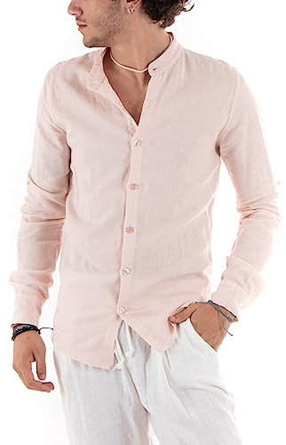 Camicia Uomo Lino Collo Coreano Tinta Unita Maniche Lunghe Made in Italy (S, Rosa)