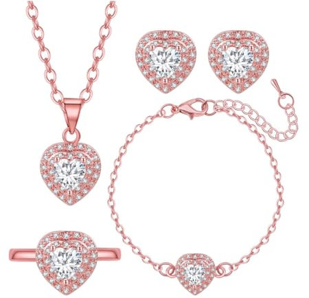 TOEECY Herzförmiges Schmuckset Für Damen Sterling Silber Halskette Armband Ohrringe Und Ring Elegantes Schmuckset Für Frauen