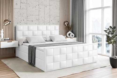 ALTDECOR Boxbett mit H4-Matratze Zafira - 120x200 - Weiß | Lattenrost, Topper, Boxspringbett mit Bettkasten, Bett mit Stauraum, Doppelbett, Polsterbett