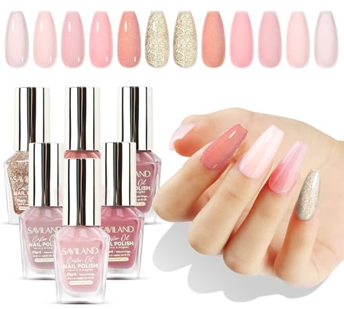 SAVILAND 2024 Quick Dry Nail Polish: 6Pcs Hot Sheer Color Nail Polish Set Solid Color Locked X Tech Pink Nude Glitter Nail Gel Polish Kit Castor Oil Gel Polish Nail Art Home DIY Idea Gift Set