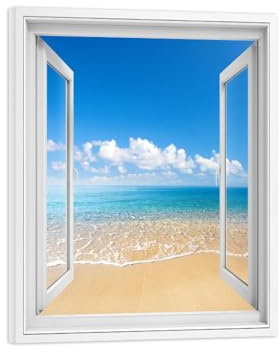 TAPHET Fensterblick Leinwand Bilder. Landschaftsbild auf Leinwand. Strand Meer Landschafts Wolken. Natur Wandbilder für Wohnzimmer Badezimmer Fertig zum Aufhängen 80x105cm Gerahmt