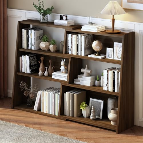 IOTXY Ausziehbares Regal aus Holz, Bücherregal mit 3 Ebenen, niedrig, kurzes Bücherregal für kleinen Raum oder Ecke, dunkles Walnuss, L
