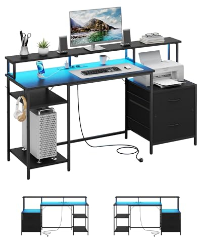 Scrivania PC, Tavolo per Computer, Scrivania con 2 Cassetti, Scrivania Gaming con LED e Presa, Scrivanie con Scaffale per Stampante e Supporto per Monitor, 2 Ganci, Ripiani Regolabili, 160 cm, Nero