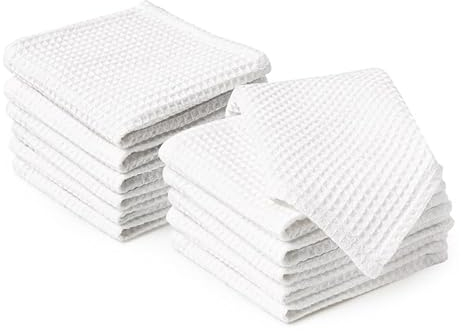Encasa XO Paños y paños de Cocina de algodón Blanco | Toalla de té de Tejido Plano y Tipo gofre | Juego de paños de Cocina | 30x30 cm | Reutilizable y de Secado rápido