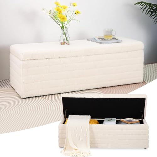 LEUTED Sitzbank mit Stauraum, Schuhbank mit Sitzfläche, Teddystoff Sitzhocker, Sitztruhe mit großem Stauraum Aufbewahrungsbox, Sitzbox für Schlafzimmer Wohnzimmer Weiß (118x40x40 cm)