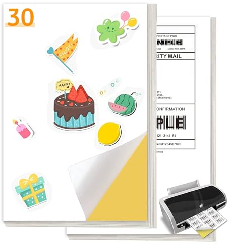 30 Blatt Etiketten Selbstklebend Bedruckbar Sticker Aufkleber A4 Klebepapier Etikettendrucker Bedruckbar für Bürobedarf Laser Tintenstrahldruck(297 x 210mm)