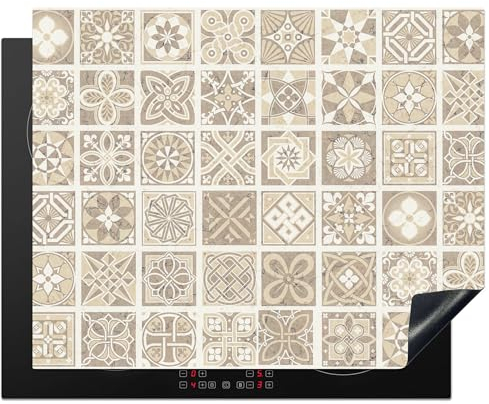 KitchenYeah© Protection Pour Plaque Induction 65x52 cm Kitchen Deco Cuisine Protégé Cache De Cuisson Vitroceramique Mosaïque - Vintage - Beige - Motif - Fleurs
