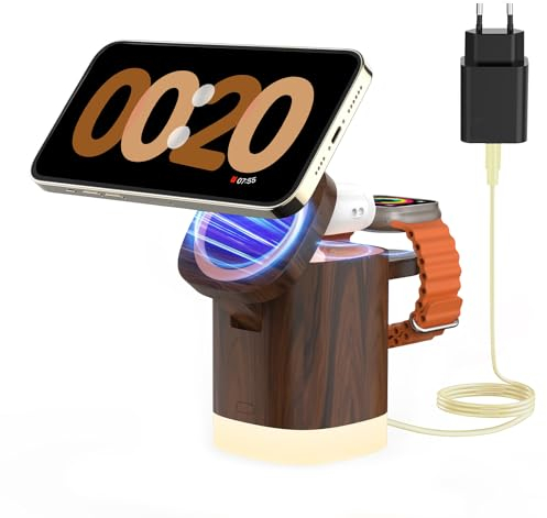 JoyGeek Mag Safe Ladegerät, Faltbar 3 in 1 Kabellose Ladestation für i Phone 16/15/14/13/12 Serie, Wireless Charger mit einstellbarem Nachtlicht für iWatch 10-2,für Air Pods 4/3/2/Pro, Real Wood Grain