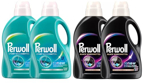 PERWOLL Flüssig-Set 4x 27 Waschladungen (108WL) 2x Black & 2x Sport, Feinwaschmittel erneuert dunkle Fasern & Hygiene Waschmittel, entfernt schlechte Gerüche & erhält die Elastizität