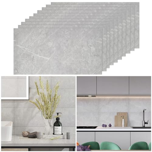 Warmiehomy Marble Tiles 60x30cm 10Pcs Thicken Self Adhesive Wall Tiles Waterproof,Peel and Stick on Vinyl Tiles for Living Room Bedroom Bathroom Kitchen Splashback,Monet Grey