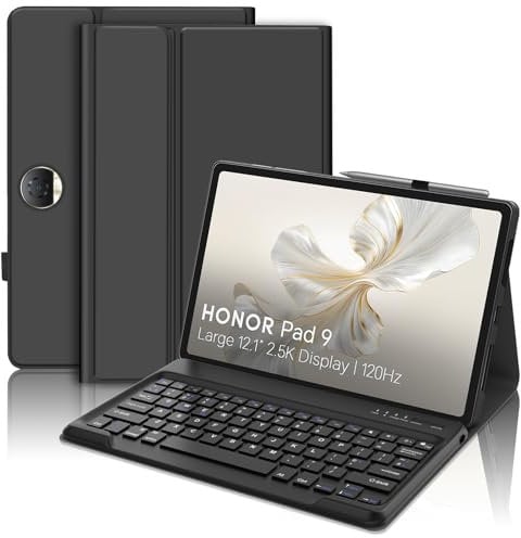 JADEMALL Keyboard Case for Honor Pad 9 12.1, Wireless Magnetic Detachable Bluetooth Keyboard(UK Layout), Premium PU Leather Cover with Pencil holder for HONOR Pad 9 12.1-inch Tablet, Black