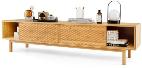 GIANTEX Mueble de TV de Bambú, Armario de TV con Compartimentos de Almacenamiento, 2 Puertas Correderas, Armario Bajo Elegante con 4 Patas para Salón, Dormitorio