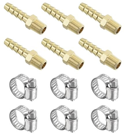 sourcing map Brass Hose Barb Fittings 6pcs 1/4 Barb x 1/8 NPT Male Brass Barb Pipe Fitting with Hose Clamps for Water Fuel Air