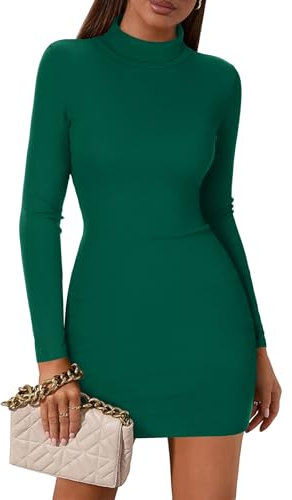 Zeagoo Vestito Donna Elegante Dolcevita Bodycon Vestito Unicolore Manica Lunga Autunno Inverno Abito Caldo Verde S