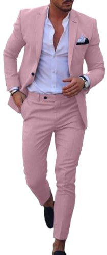 Dbutiy Costume Classique 2 pièces en Lin pour Homme, Smoking pour Bal de Fin d'année, Mariage, Veste et Pantalon, Rose Clair, Taille M