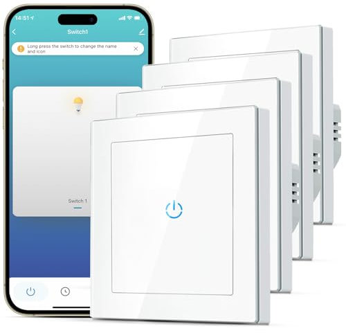 SMARTERCURRY Smart WLAN Lichtschalter 1 Fach 1 Weg Alexa Lichtschalter, gehärtetes Glas Touch Lichtschalter, Timing-Funktion, Weiß, Neutralleiter Erforderlich, 4 Stücke