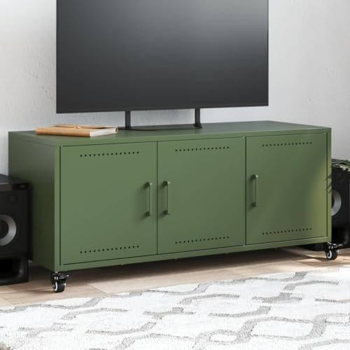 Sufrk Meuble TV vert olive 100,5 x 39 x 43,5 cm en acier, meuble TV pour TV, meuble TV et tiroir, armoire console buffet moderne