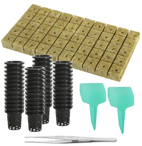 GOSHIES 50 Stück Steinwolle Anzucht Steinwolle Würfel Rockwool Cube mit Netztöpfen und T-Typ Pflanzenstecker Steinwolle Anzuchtwürfel,Steinwolle Anzuchtmatte 2.5x2.5x2.5cm
