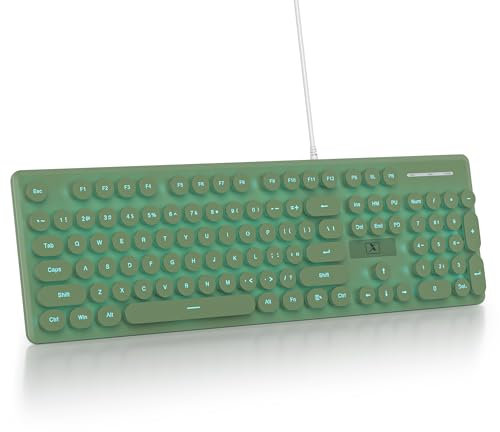 surmen Joli clavier de machine à écrire filaire silencieux, clavier PC rétroéclairé avec touches rondes rétro, taille complète, 104 touches pour ordinateur de bureau (vert foncé)