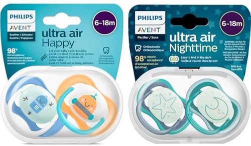 Philips AVENT Schnuller 6-18 Monate Ultra-Air Day & Night Schnuller (4er Pack): 2 x nachtleuchtender Schnuller für die Nacht, 2 x Ultra-Air-Day-Schnuller, 6-18 Monate, 2 Sterilisator-Tragetaschen