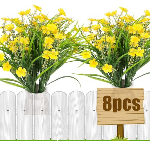 Leixi 8pcs Artificial Flowers,UV-Resistant Artificial Plants, Faux Daisy Flower Shrubs Plants Indoor Outdoor Hanging Planter Kitchen Home Wedding Office Garden Decor (Yellow)