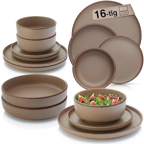 SÄNGER Bombay Oak | Geschirrset 16 teilig, Steingut Geschirr 4 Personen, 4x Speiseteller 4x Dessertteller 4x Schalen 4x Pastateller, Teller Set modern | VALUE COLLECTION