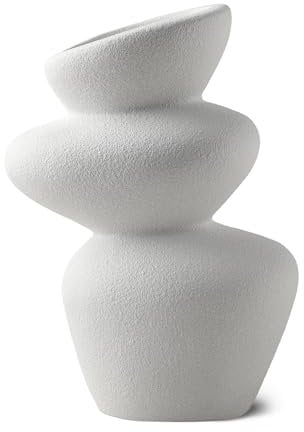 PEUZ Steinturm Vase aus Keramik – Skulpturale Keramikvase mit rauer Steinstruktur, für Trockenblumen, Pampasgras, frische Blumen oder als Dekoobjekt, handgefertigt, matt weiß, ca. 20 cm